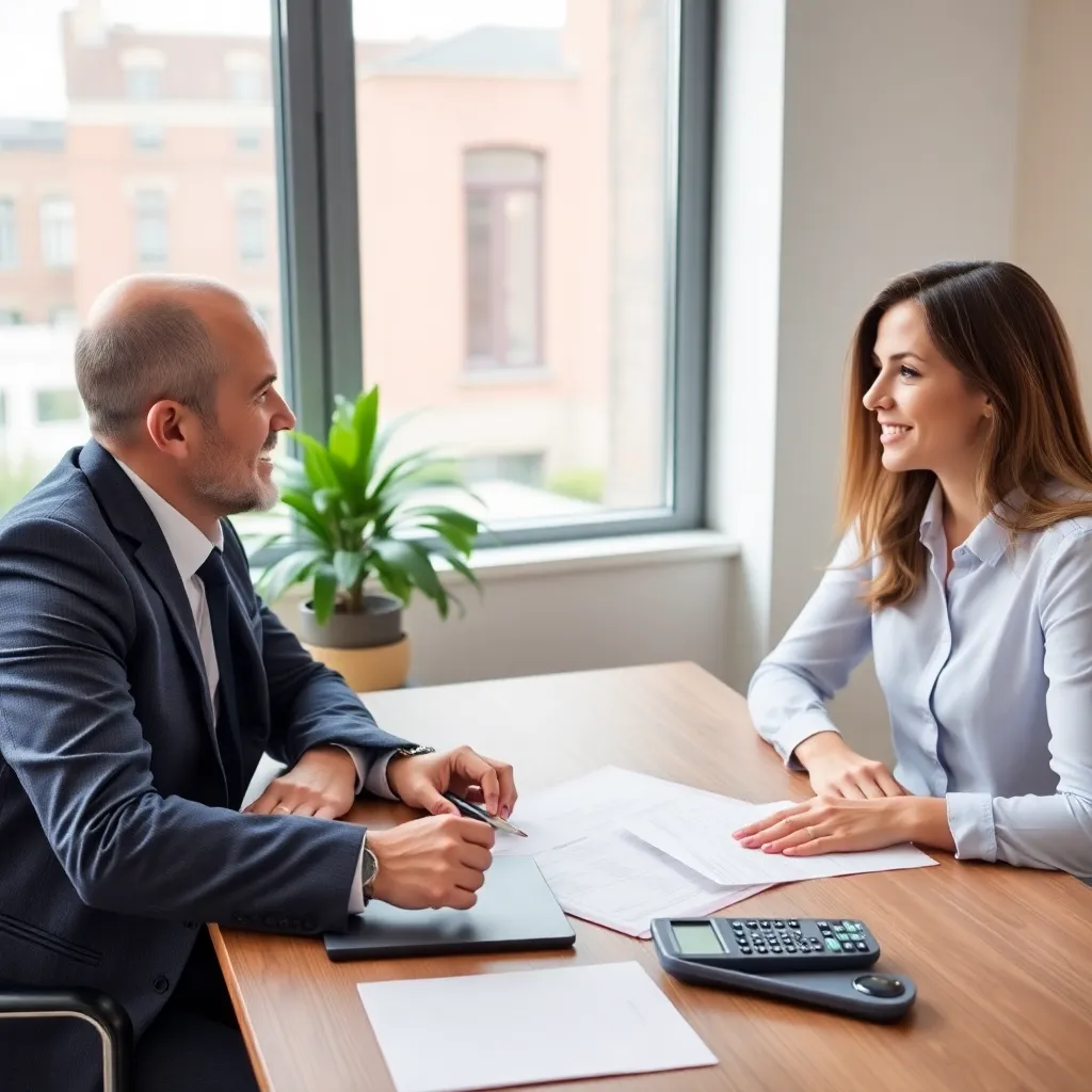 Jonge mensen bespreken hypotheekmogelijkheden met adviseur
