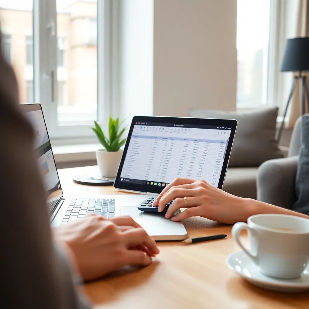 Persoon die budgetplan maakt op laptop met rekenmachine