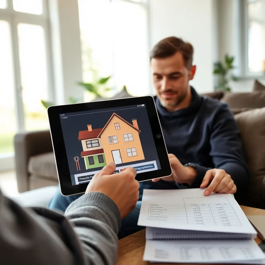 Persoon bekijkt huizenmarkt op tablet met hypotheekberekeningen