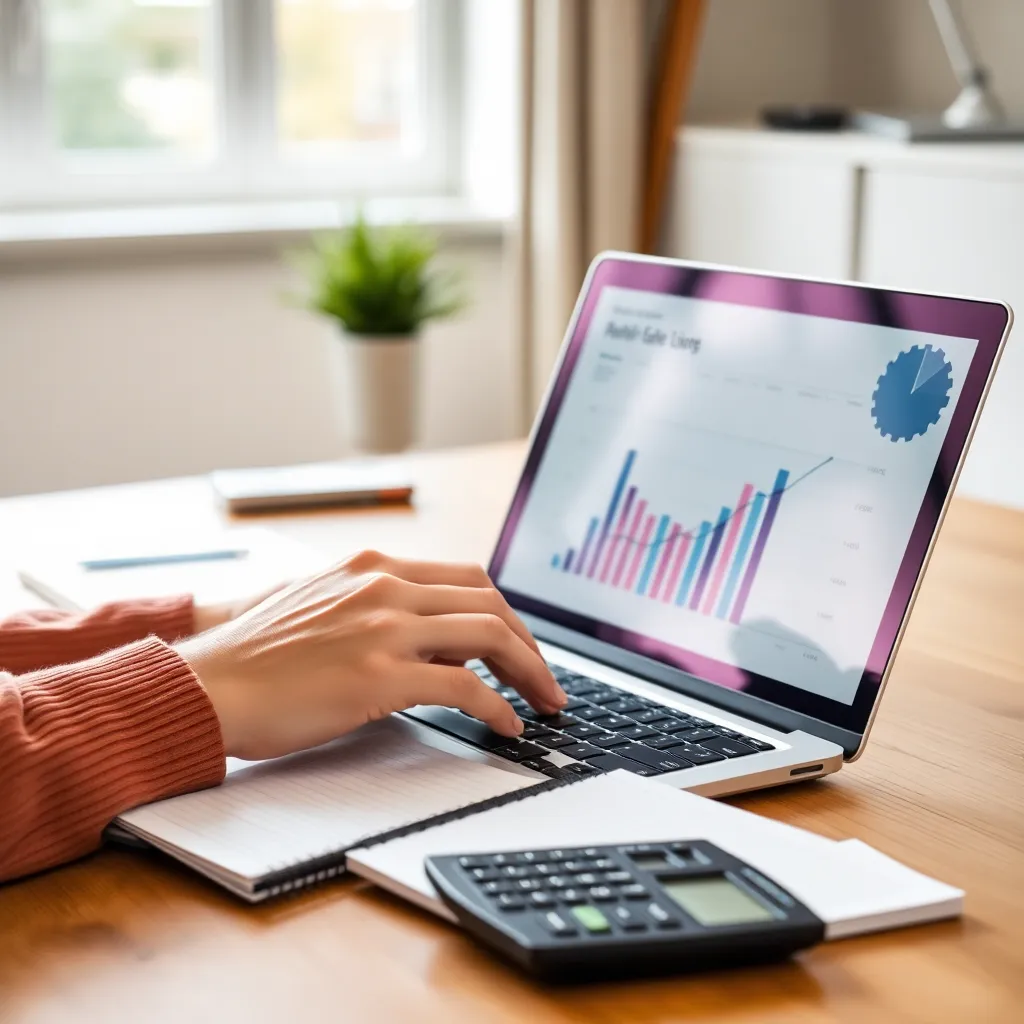 Persoon die budgetplan maakt op laptop met rekenmachine