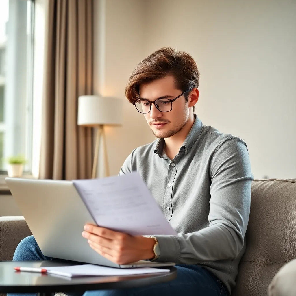 Jonge professional die pensioenoverzicht bekijkt op laptop